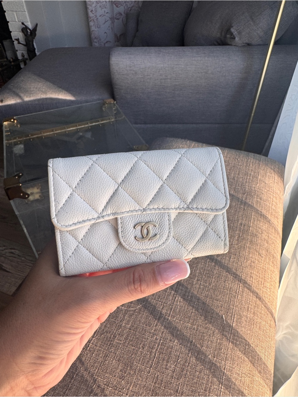 CHANEL Cream Quilted Leather Card Case with Gold CC